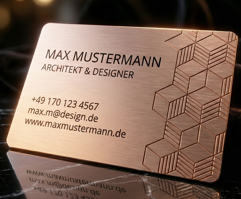 Schwarze Metallvisitenkarte mit goldener Lasergravur auf dunklem Hintergrund